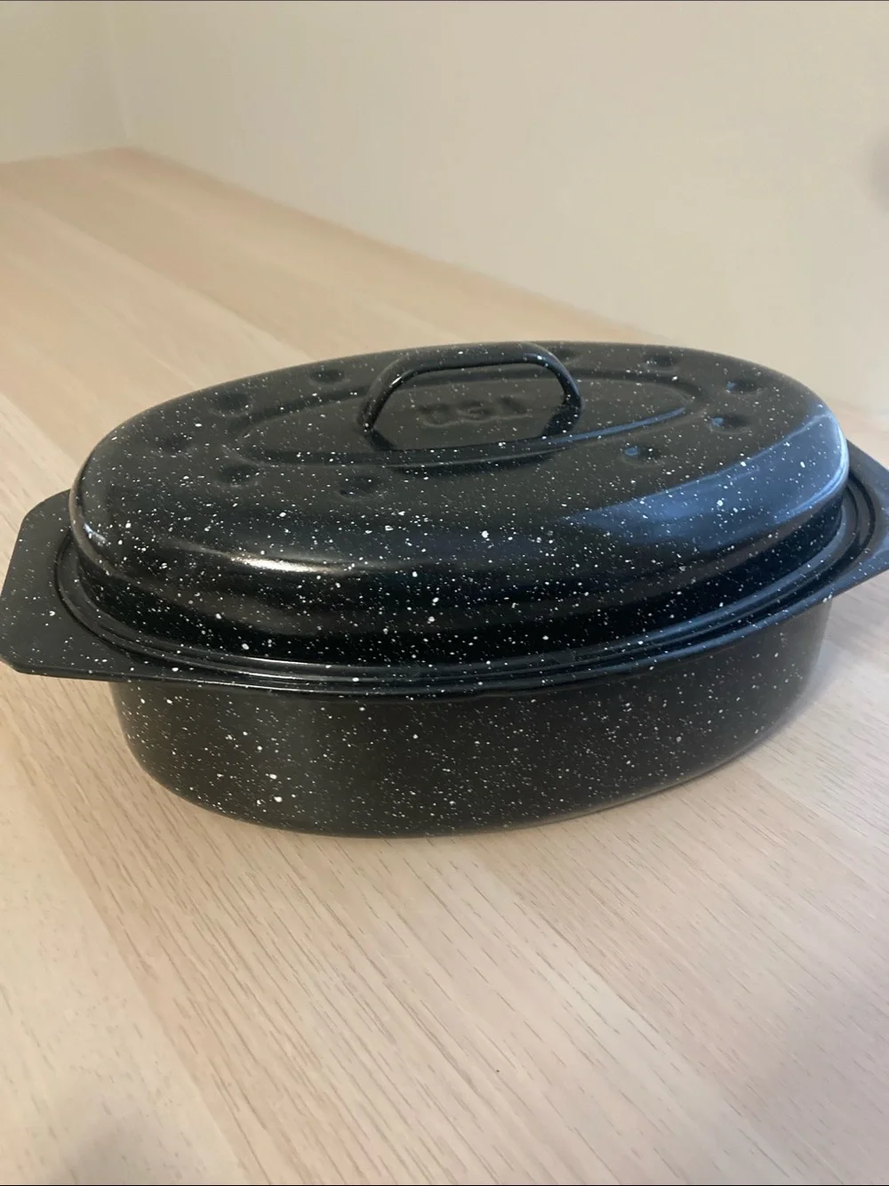 Vintage Black Speckled Roaster Pan with Lid - Brand Unspecified